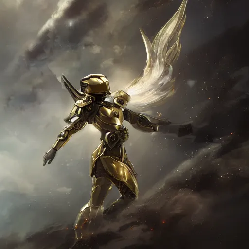 Prompt: full body picture of armored valkyrie descending from clouds, renaissance halo, gold lighting, cinematic, art, elegant, powerful, digital painting, sharp details