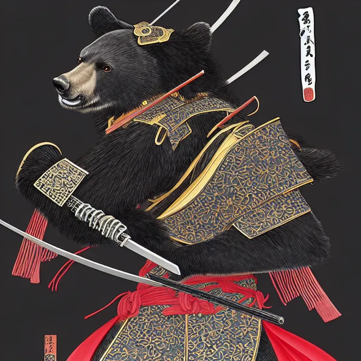 Prompt: anthropomorphic samurai asian black bear, fantasy, intricate, highly detailed, lifelike, photorealistic, digital painting, artstation, illustration, concept art, smooth, sharp focus, art by kitagawa utamaro and ogata korin and aya takano