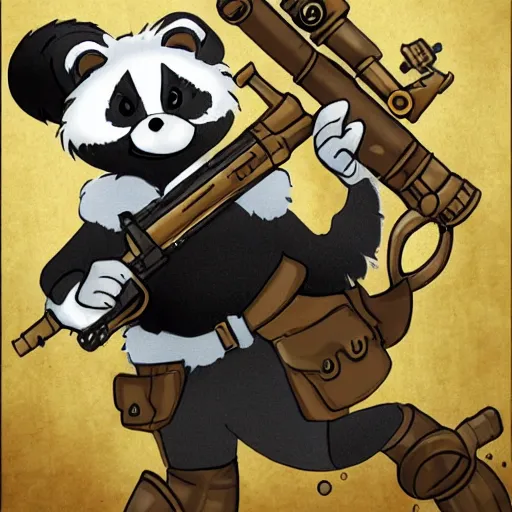 Prompt: a anthropomorphic Skunk soldier with a Steampunk super soaker