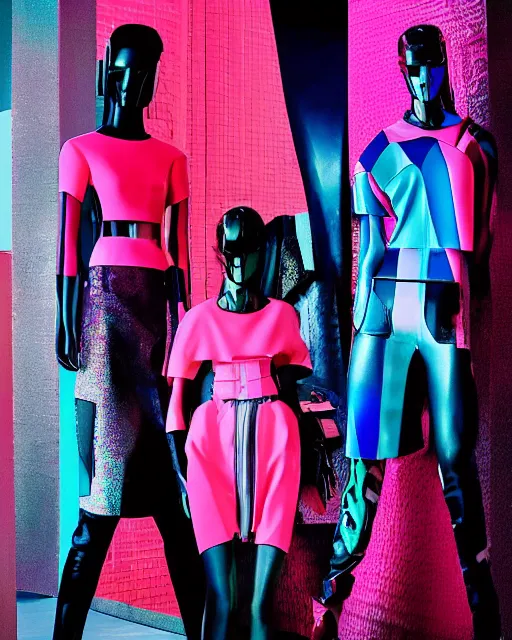 Image similar to an award winning fashion photograph for Balenciaga's futuristic cyberpunk Bladerunner 2049 fall line, hyperrealism, dazzle camouflage!, dayglo pink, dayglo blue, raven black