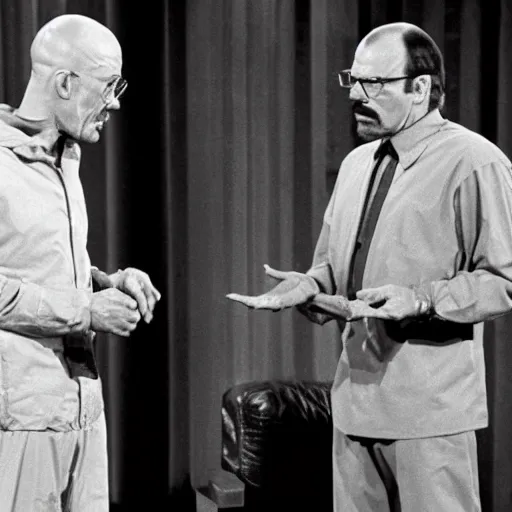 Prompt: A still of Walter White as a guest on Tonight With Johnny Carson, 1970s