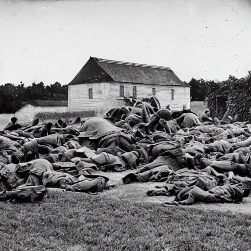 Image similar to a ww 2 picture of a pile of dead body's infront of a farm house, highly realistic, very detailed, taken on a ww 2 camera.