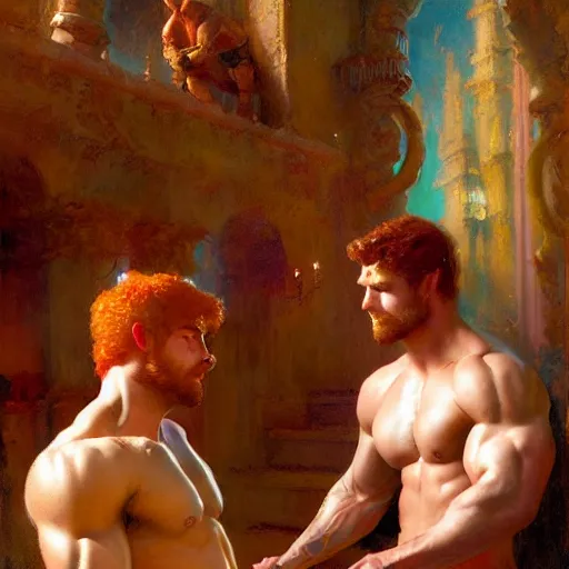 Image similar to attractive muscular mike with ginger hair with attractive tyler with brunet hair, drinking their hearts out, in their noble mansion. defined to the maximum and highly detailed painting by gaston bussiere, craig mullins 8 k