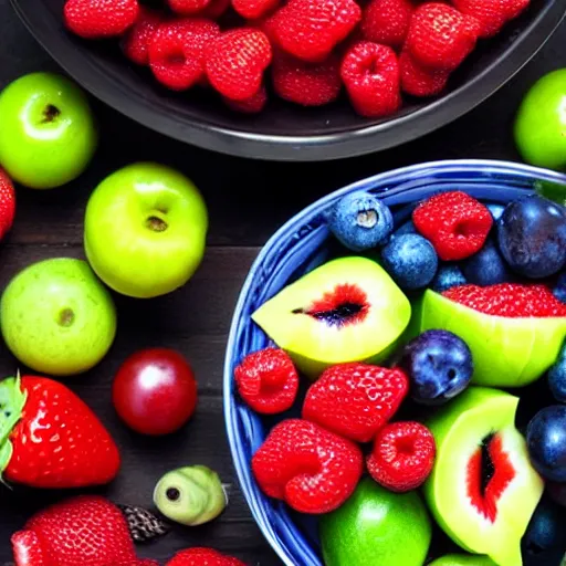 Prompt: a bowl of beautiful and appetizing alien fruits and berries