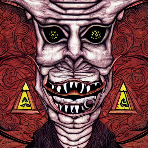 Image similar to portre of an autistic demon on acid, masonic and kabalistic symbols in background, digital art, 8k, delicate details