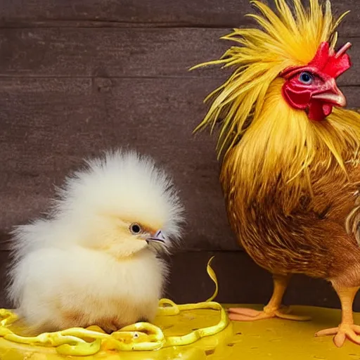 Prompt: a fluffy yellow newly hatched baby chicken stands near a big rooster and a miniature birthday cake