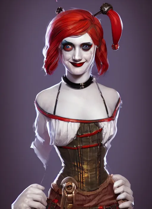 Image similar to bioshock victorian portrait of harley quinn, au naturel, hyper detailed, digital art, trending in artstation, cinematic lighting, studio quality, smooth render, unreal engine 5 rendered, octane rendered, art style by klimt and nixeu and ian sprigger and wlop and krenz cushart