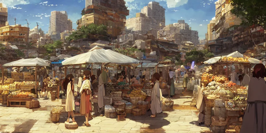 Prompt: biblical marketplace by makoto shinkai