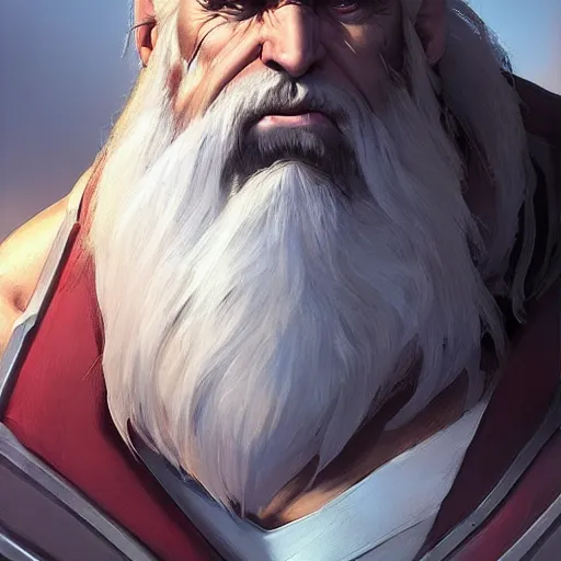 Image similar to dark fantasy character portrait of a huge muscular tall giant Reinhardt from Overwatch, long white hair and beard, a red scar over his left eye, intricate, wild, highly detailed, digital painting, artstation, upper body, concept art, smooth, sharp focus, illustration, art by artgerm and greg rutkowski and alphonse mucha