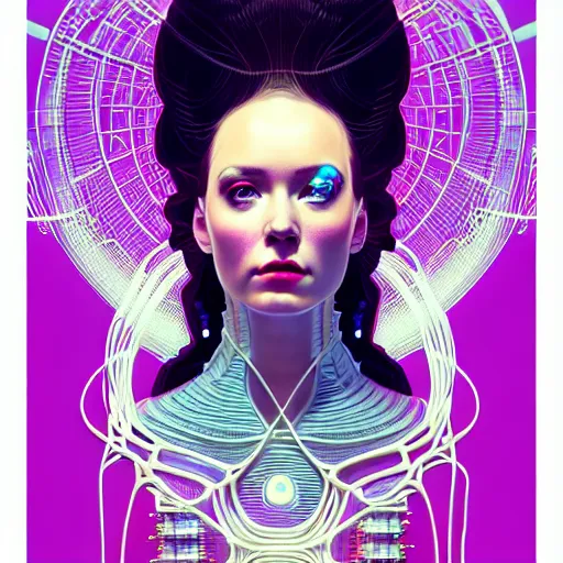 Prompt: high quality, high detailed portrait of a space queen, a cyberpunk character in a retro - futuristic world, white porcelain translucent skin. hyperrealism, intricate details, cables, wires. connectors led. tristan eaton, victo ngai, artgerm, rhads, ross draws, alphonse mucha, pastel colors, vintage, artstation, vector gradient. 8 k