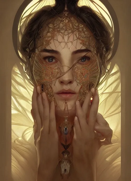 Image similar to symmetry!! beauty, machine parts embedded into face, intricate, elegant, highly detailed, digital painting, surrealistic, artstation, concept art, smooth, sharp focus, illustration, art by artgerm and greg rutkowski and alphonse mucha, 8 k