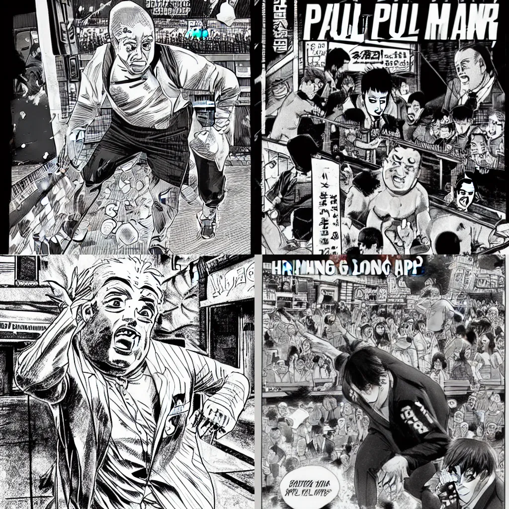 Prompt: highly detailed Manga cover of Paul Heyman running from a giant bar of soap