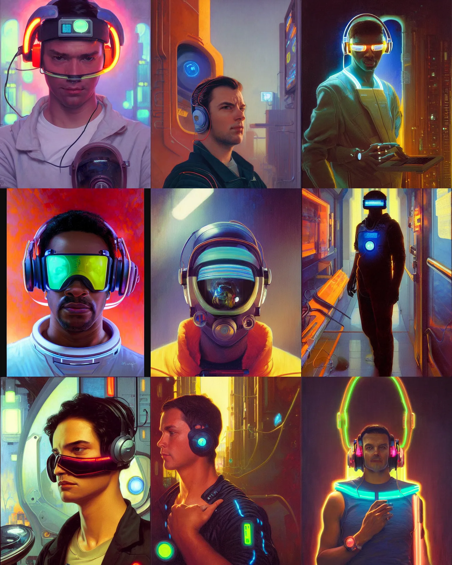 Prompt: narrow depth of field, neon cyberpunk programmer with glowing geordi visor over eyes and sleek headphones headshot portrait painting by donato giancola, rhads, loish, alphonse mucha, mead schaeffer astronaut fashion photography