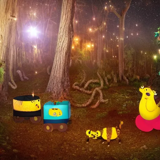 Image similar to photo of caterpillar birthday party in the forest at night