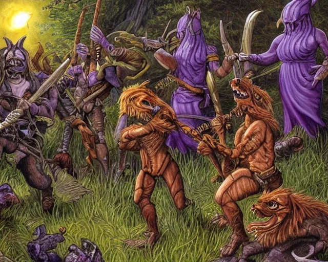 Prompt: Fantasy illustration by Larry Elmore - The pack of kobolds is crouched in a circle. They are snivelling canid humanoids, with scales of rust, and they carry spears. Their leader, a matronly female with numerous tattoos, kneels in the center of the circle and gathers the pulsing purple moss. She has a spear, but it lies across her lap.