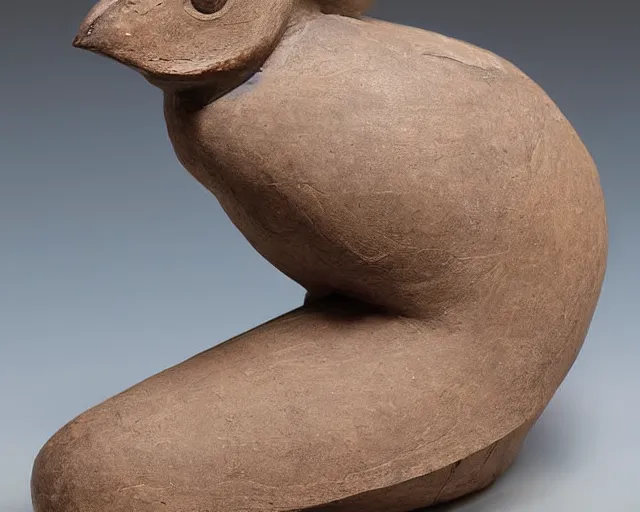 Prompt: an ancient effigy of an anthromorphic bird, clay sculpture, cubism, photograph