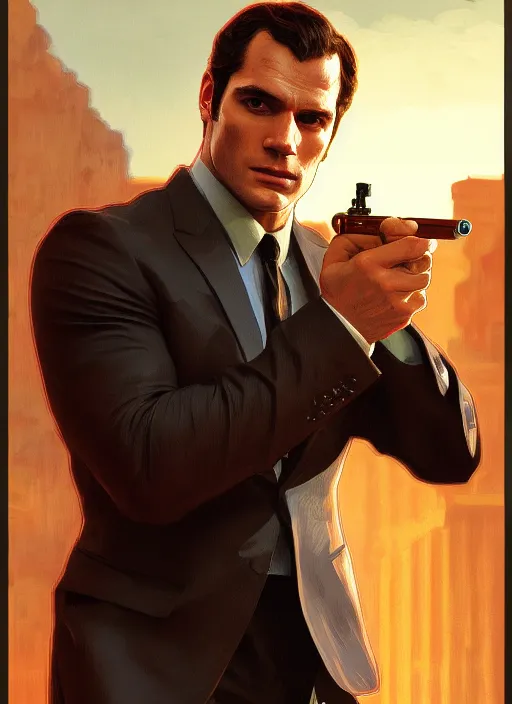 Image similar to portrait of henry cavill as james bond, casino, key art, sprinting, palm trees, highly detailed, digital painting, artstation, concept art, cinematic lighting, sharp focus, illustration, by gaston bussiere alphonse mucha