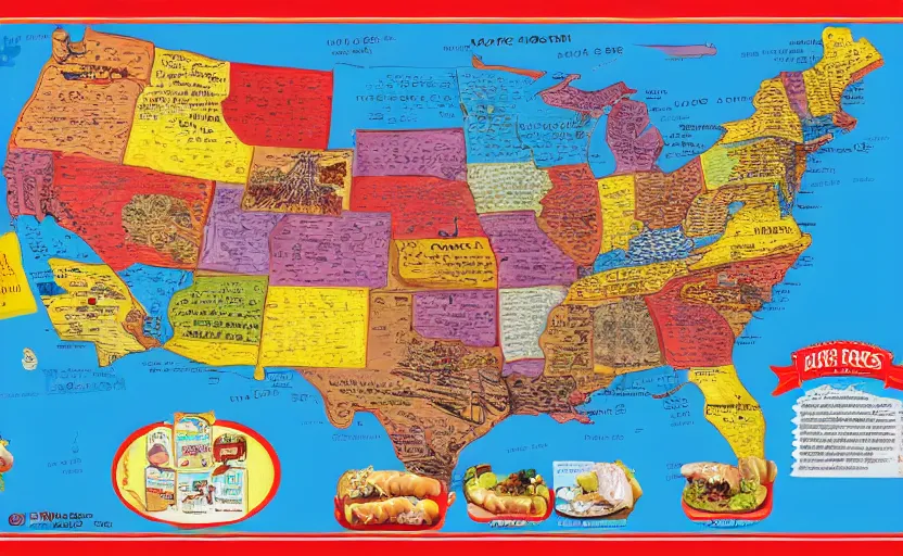 Image similar to hot dogs across america map, detailed, map key, tourist map, brochure