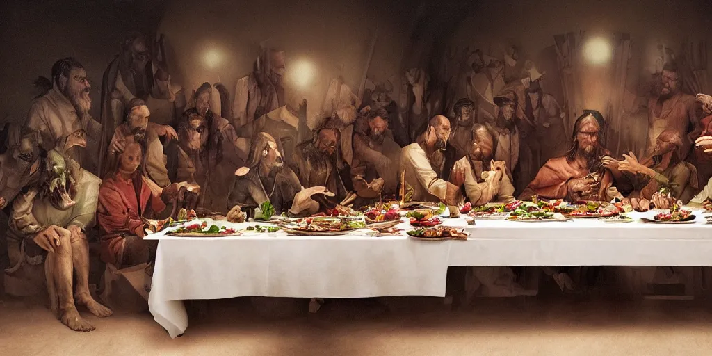 Image similar to !13 hungry cannibals making a rich salad around a marble table, !positioned as last supper cinematic lighting, dramatic framing, idilic, fantasy, highly detalied, 4k, artstation, by Wayne Barlowe