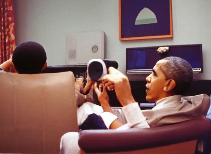 Prompt: color film photography 1970s, Barack Obama playing Super Smash Bros. Melee on Gamecube , 35mm, film photo, shot by nan goldin