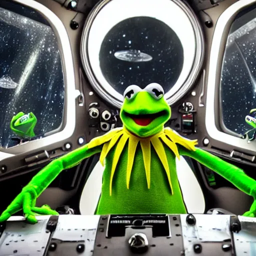 Image similar to a highly detailed portrait of Kermit the frog piloting a spaceship, lots of displays, dramatic lighting, realistic 8k photography