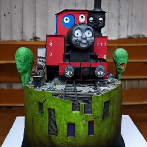 Prompt: zombie apocalypse thomas the tank engine sculpture