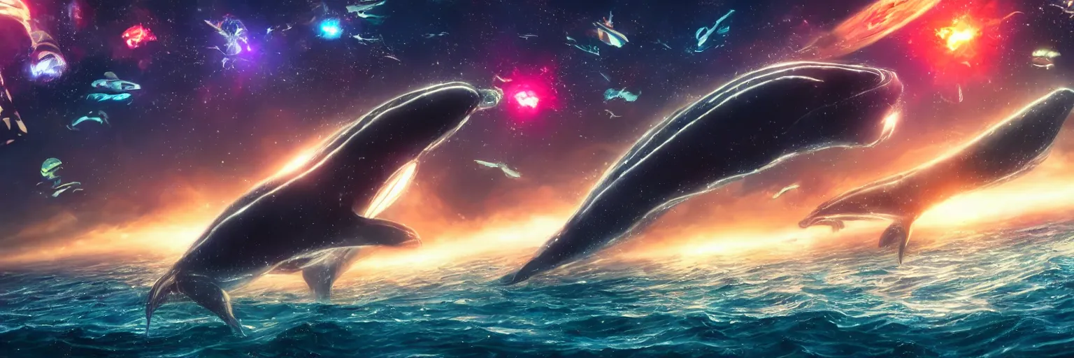 Prompt: a giant glowing spaceship in the ocean, flying fish, whales, galaxy, hyper realistic, epic lighting, cyberpunk, wide angle lens