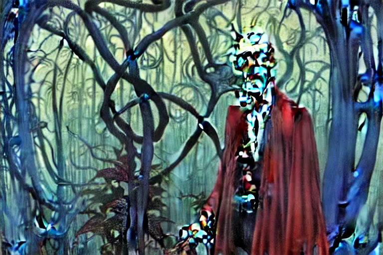 Image similar to realistic extremely detailed portrait painting of an elegantly creepy vampire man dressed as dracula, futuristic sci-fi forest on background by Jean Delville, Amano, Yves Tanguy, Alphonse Mucha, Ernst Haeckel, Edward Robert Hughes, Roger Dean, rich moody colours, blue eyes