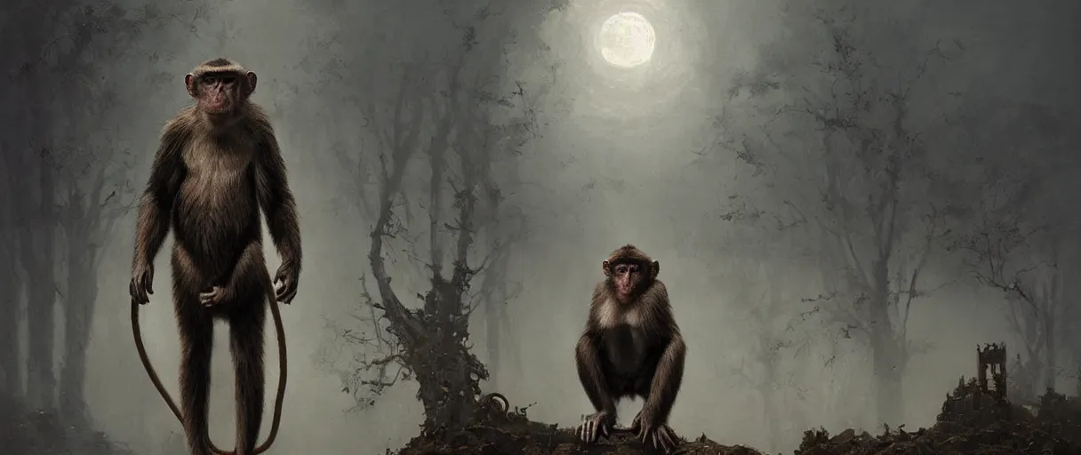 Prompt: Hyper realistic oil painting a monkey wearing ornate metal armor, fog, volumetric lighting, nighttime, moonlight, creepy, by greg rutkowski