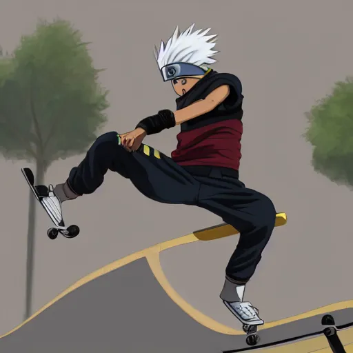 Prompt: kakashi at a skatepark, 8k, fully detailed, cinematic lighting, professional digital painting, kickflip,