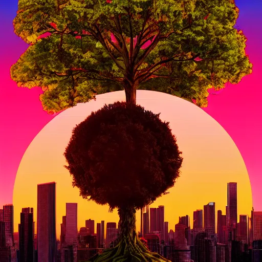 Image similar to synthwave, giant futuristic tree in the middle of the city, sunset, sharp, 4k, 2D