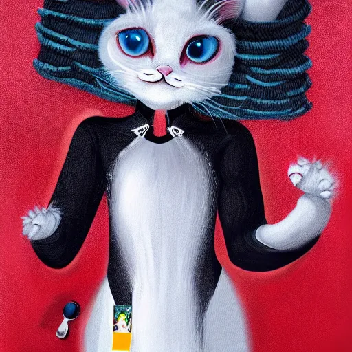 Image similar to graphic, hyperreal, portraiture illustration of a anthropomorphic ragdoll cat in different cool cosplay clothes, smiling, digital painting