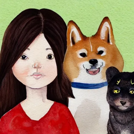 Prompt: a watercolor illustration of a girl with light brown hair, hazel eyes and freckles accompanied by a shiba inu and a cat