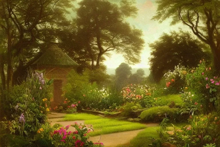 Image similar to secret garden, lush, floral, botanical, romanticism, dreamy, atmospheric, summery, hudson river school