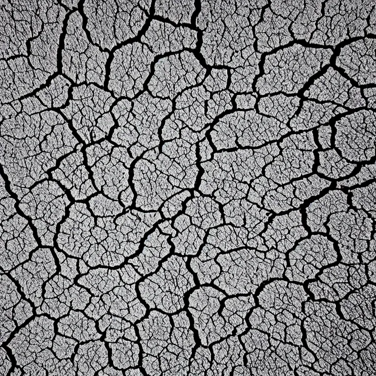 Image similar to a pen and ink line - art drawing of a dry cracked desert surface as viewed from above. black and white, hand - drawn, ink on paper.