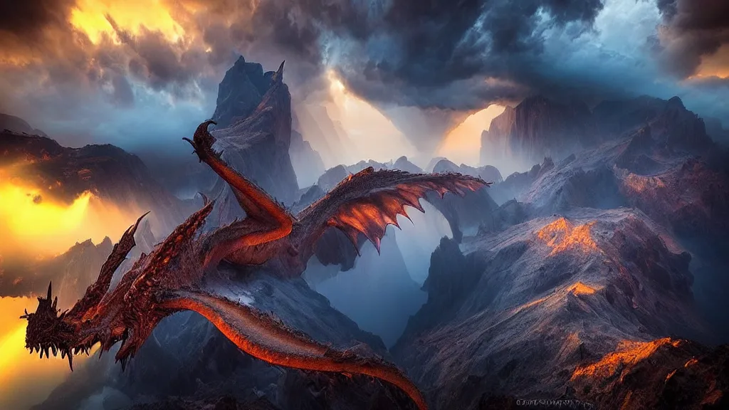 Prompt: amazing landscape photo of dragons by marc adamus, beautiful dramatic lighting