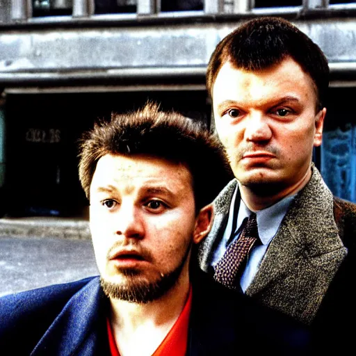 Image similar to close view headshot portrait of alexandr zembatov and mikhail alontsev, tall and small, posing on a street in gangsta comedy of 1990s, movie shot, Lock, Stock and Two Smoking Barrels