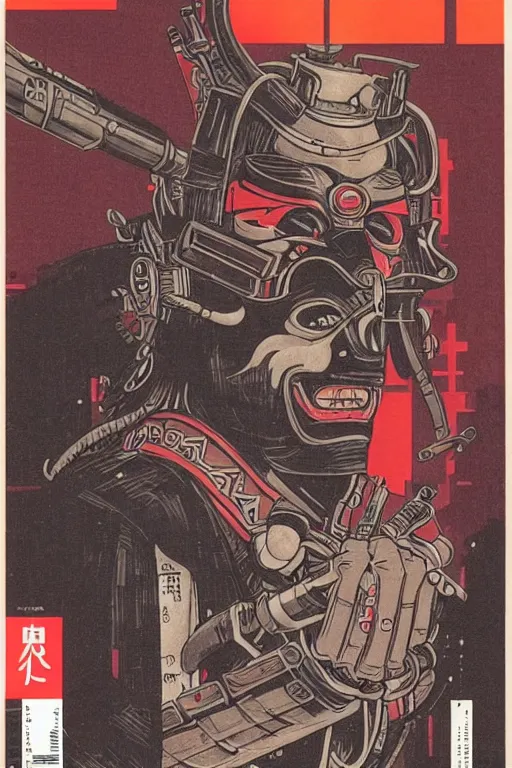 Image similar to 1 9 7 9 omni magazine cover of hiroyuki sanada in a samurai hat and oni half - mask. piercing gaze. simple stylized cyberpunk photo by josan gonzalez.