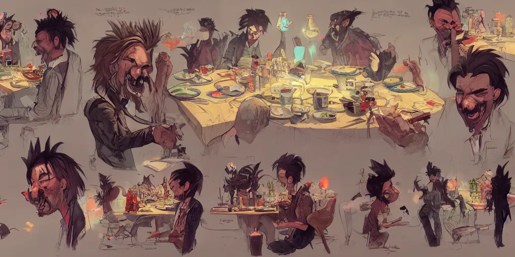 Prompt: cartoonish many sides of nick cave eating dinner, vivid colors, character sheet, fine details, concept design, contrast, kim jung gi, greg rutkowski, trending on artstation, 8 k, full body, turnaround, front view, back view, ultra wide angle
