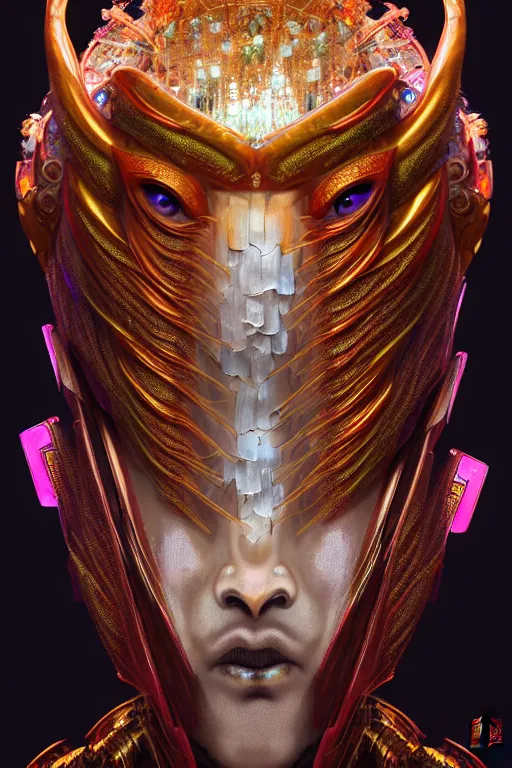 Image similar to asura from chinese myth, ghost, gorgeous and huge head ornaments, dystopian, cyberpunk, organic fractal mycelum and fungi, mecha, halfturn portrait of a big crystal face made of crystals half - turn, ominous, intricate, studio, art by anthony macbain + greg rutkowski + alphonse mucha, concept art, 4 k, sharp focus