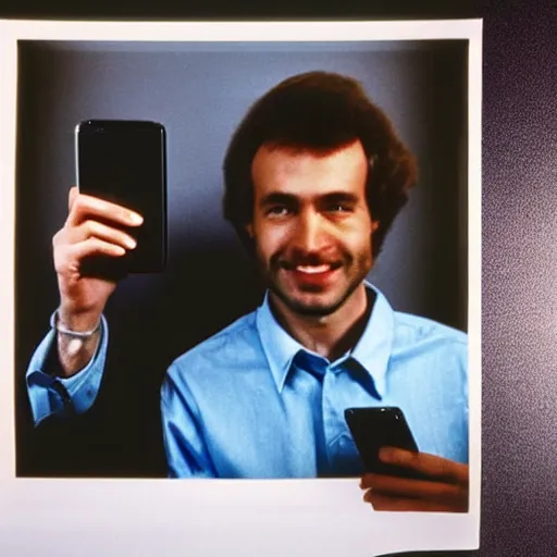 Prompt: a 1980's picture of a man holding an Iphone, Iphones in the 1980s, old photograph, advertisement for the Apple Iphone, 480p resolution