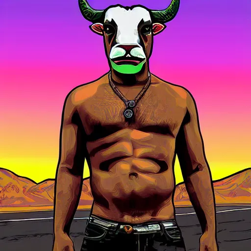 Prompt: bull headed human in the style of gta v artwork, digital art, tropical sunset