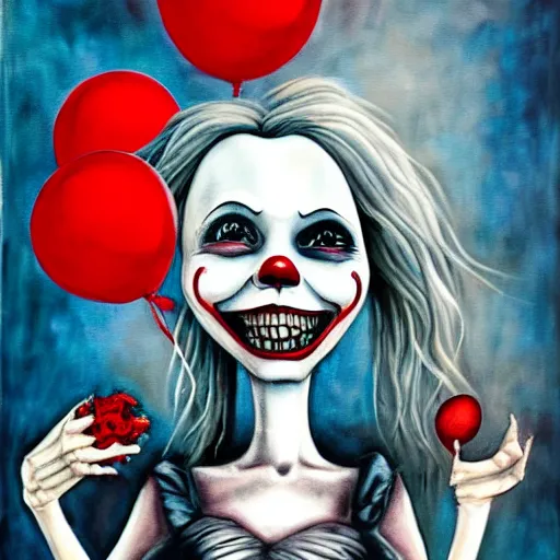 Image similar to grunge painting of yourself with a wide smile and a red balloon by chris leib, loony toons style, pennywise style, corpse bride style, horror theme, detailed, elegant, intricate