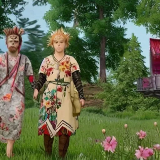 Image similar to a still from the movie midsommar crossover with the game okami