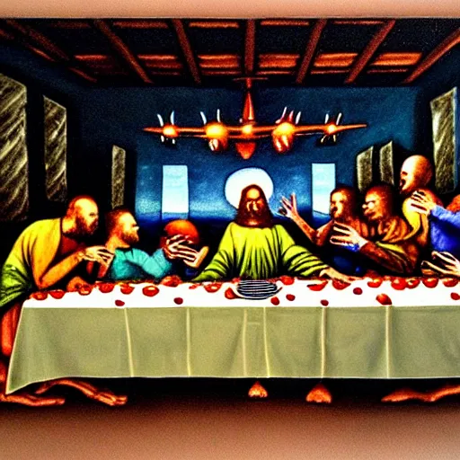 Image similar to aliens in the last supper, eating alien food, painting