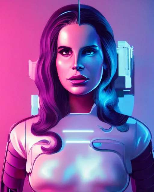 Image similar to portrait of lana del rey as a cyborg. intricate abstract. intricate artwork blue and pink lighting, by tooth wu, wlop, beeple, dan mumford. concept art, octane render, trending on artstation, greg rutkowski very coherent symmetrical artwork. cinematic, key art, hyper realism, high detail, octane render, 8 k, iridescent accents