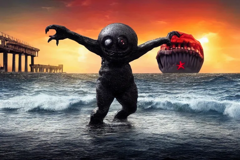 Prompt: 2 0 2 0 sighting of a weird dark creature with the face of capitalism rising out of the water on the beach, monster ashore, highly detailed, cinematic,