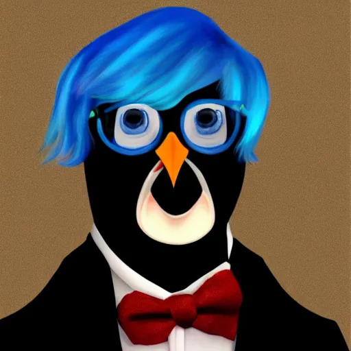 Image similar to selfie of a groovy penguin in a suit, blue penguin, hair, godfather, symmetrical, dark background, smoke, realistic, highly detailed, trending on artstation,