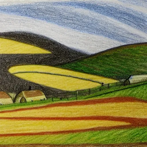 Prompt: This drawing captures the beauty of the countryside in all its simplicity. The rolling hills and fields are bathed in a warm, golden light, and the peaceful scene is punctuated by a few small houses and a winding road. The brushwork is loose and expressive, and the overall effect is one of serenity and calm. 1970s grainy vintage illustration, Mayan by Hiroshi Nagai, by Carlo Crivelli playful, improvisational