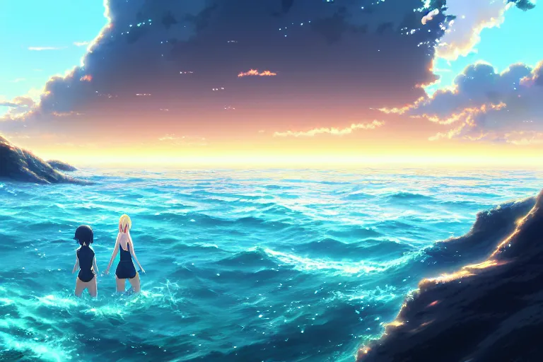 Image similar to friends splashing in the ocean, key visual, a fantasy digital painting by makoto shinkai and james gurney, trending on artstation, highly detailed